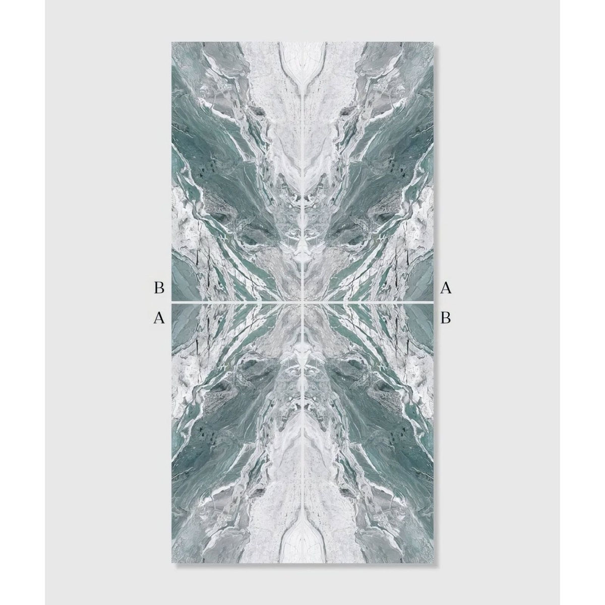 Magnifique Porcelain Ocean Bookmatched marble-effect porcelain panel with a symmetrical teal and white pattern