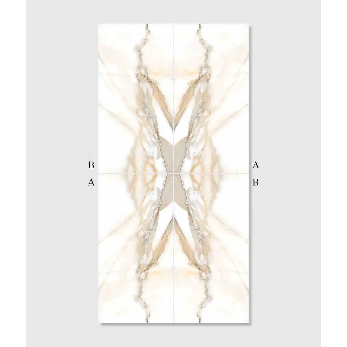 Beige and cream marble-effect porcelain wall panel with symmetrical veining from magnifique porcelain oro bookmatched collection
