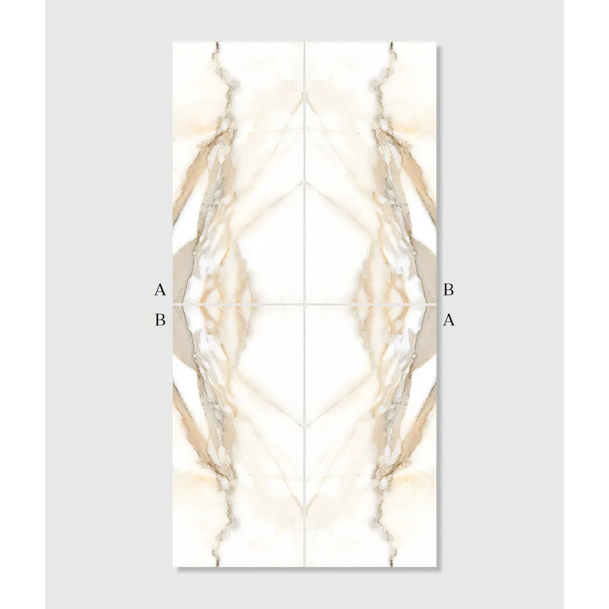 Beige and white marble-effect porcelain tile with symmetrical veined pattern magnifique porcelain oro bookmatched