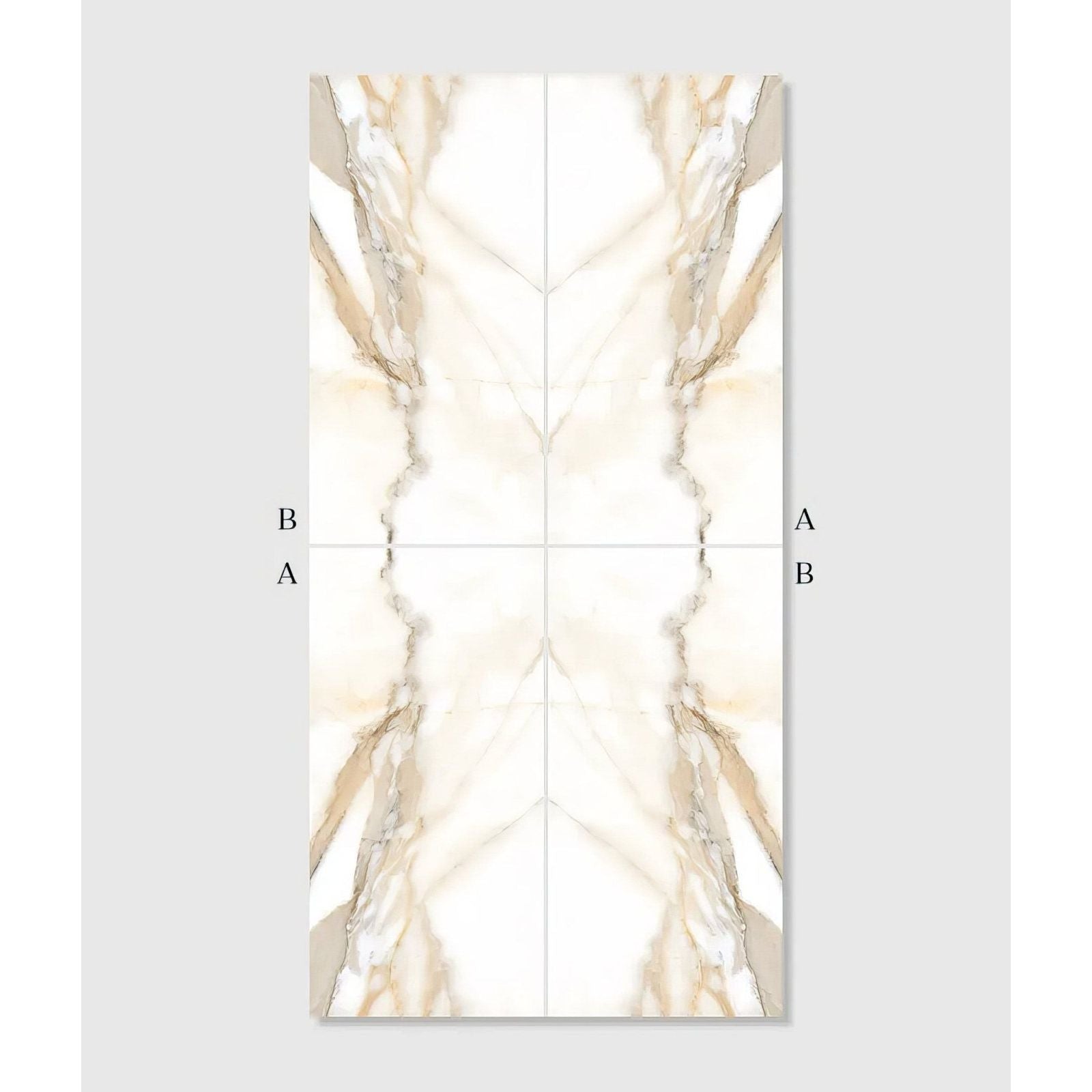 Beige and white marble patterned rectangular porcelain tile with symmetrical veined design from magnifique oro bookmatched