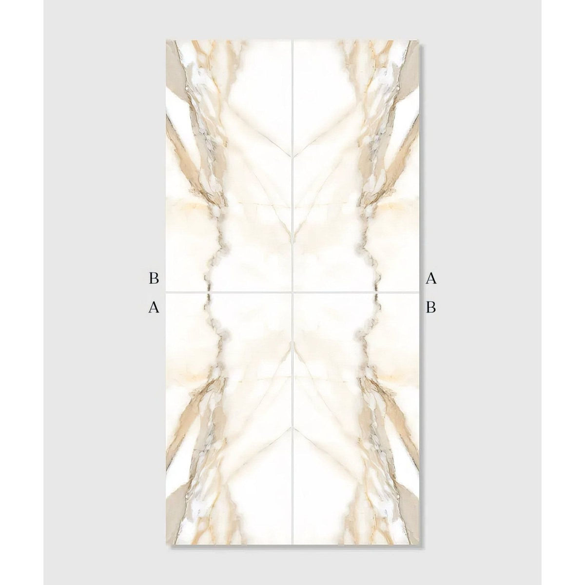 Beige and white marble patterned rectangular porcelain tile with symmetrical veined design from magnifique oro bookmatched