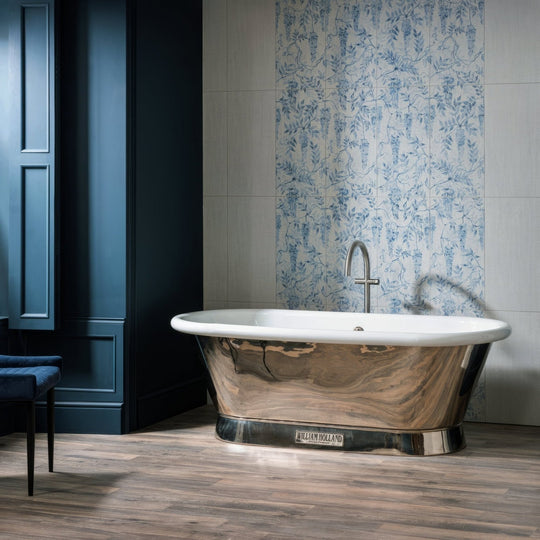 Maison Blanc Matt Glazed Ceramic 60x30cm grey ceramic tiles with a brass freestanding bathtub