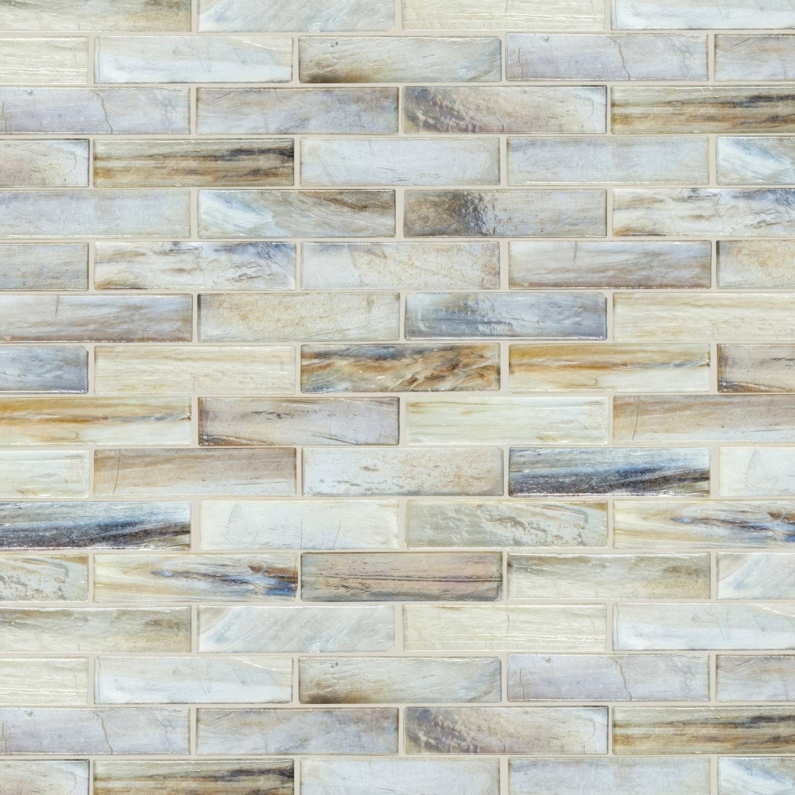 Beige and gray marble-effect brick glass mosaic tile with natural stone-like veining from malacassa oasis collection