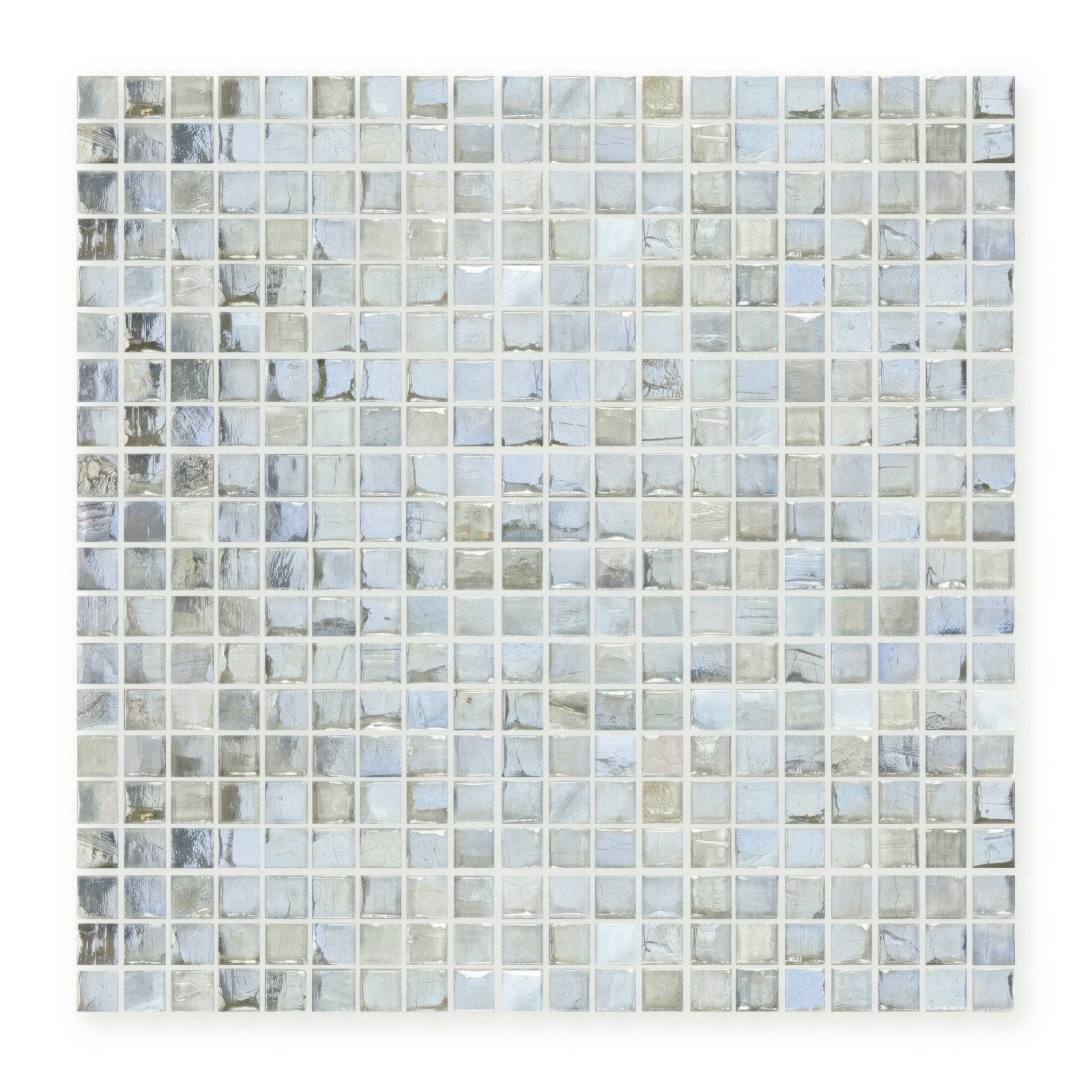 Malacassa spa square mosaic tile panel with small translucent glass squares in silver and light blue with crackle patterns