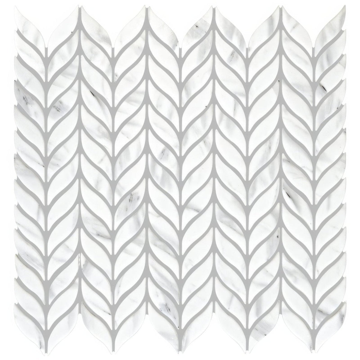 White marble mosaic tile with a willow leaf pattern arranged in a herringbone design for wall or floor use