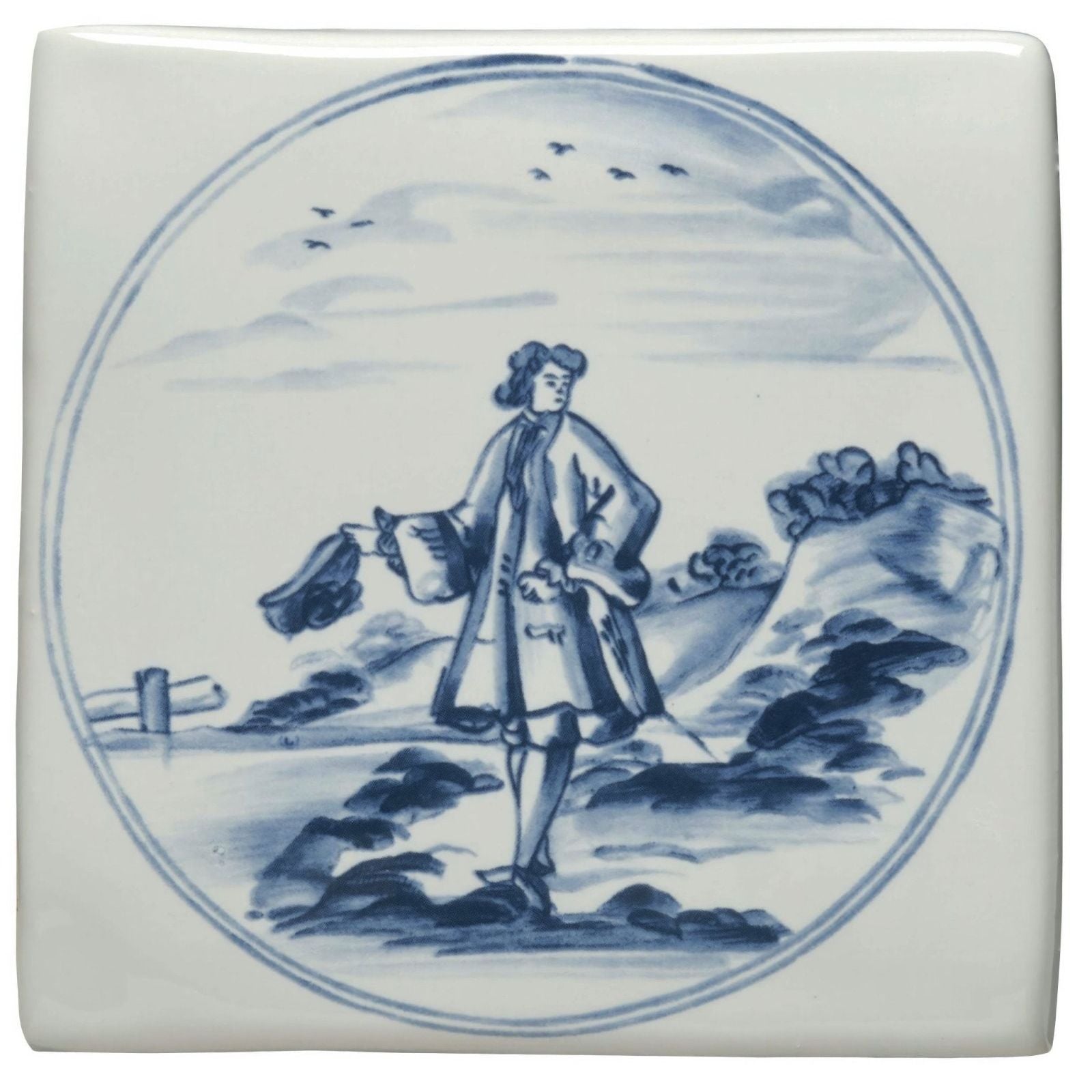 Square ceramic tile featuring a blue and white hand-painted scene of a man with hat on rocky terrain under open sky