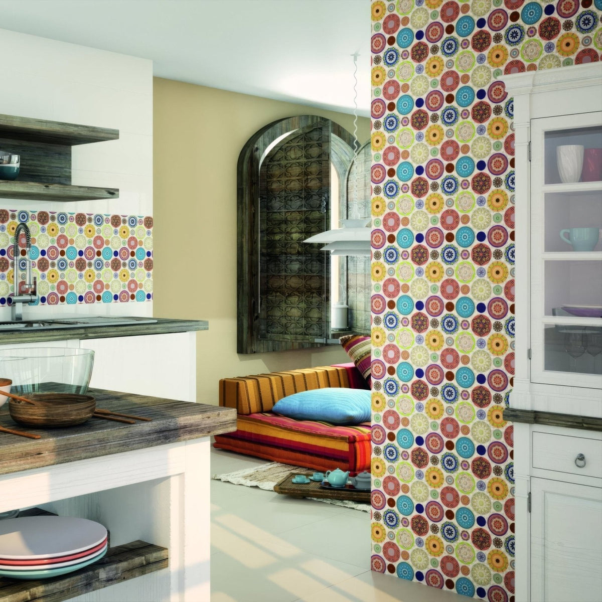 Mandala 28 x 28cm patterned mosaic tile with circular designs in teal, coral, mustard and cream