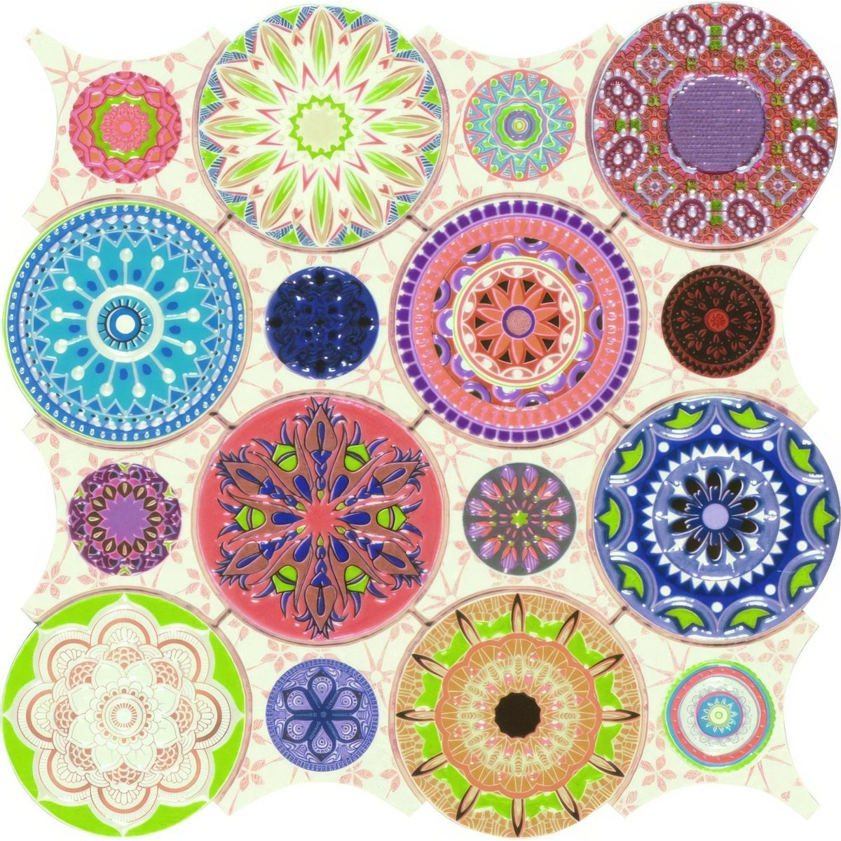 Mandala 28 x 28cm patterned mosaic tiles with intricate circular designs in vibrant colours