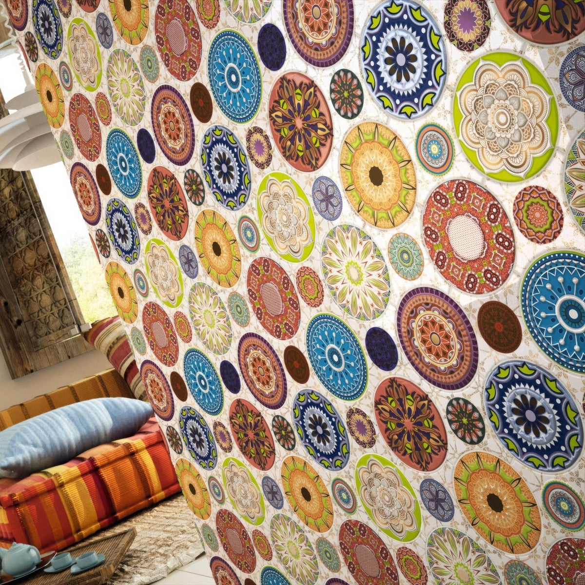Mandala 28 x 28cm multicoloured patterned mosaic tile in blue, green, orange and purple