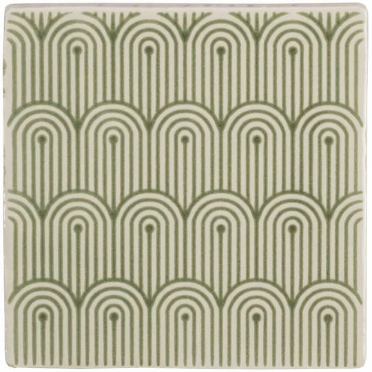 A square ceramic Manoir Deco pumice tile with olive green art deco arches on an off-white background