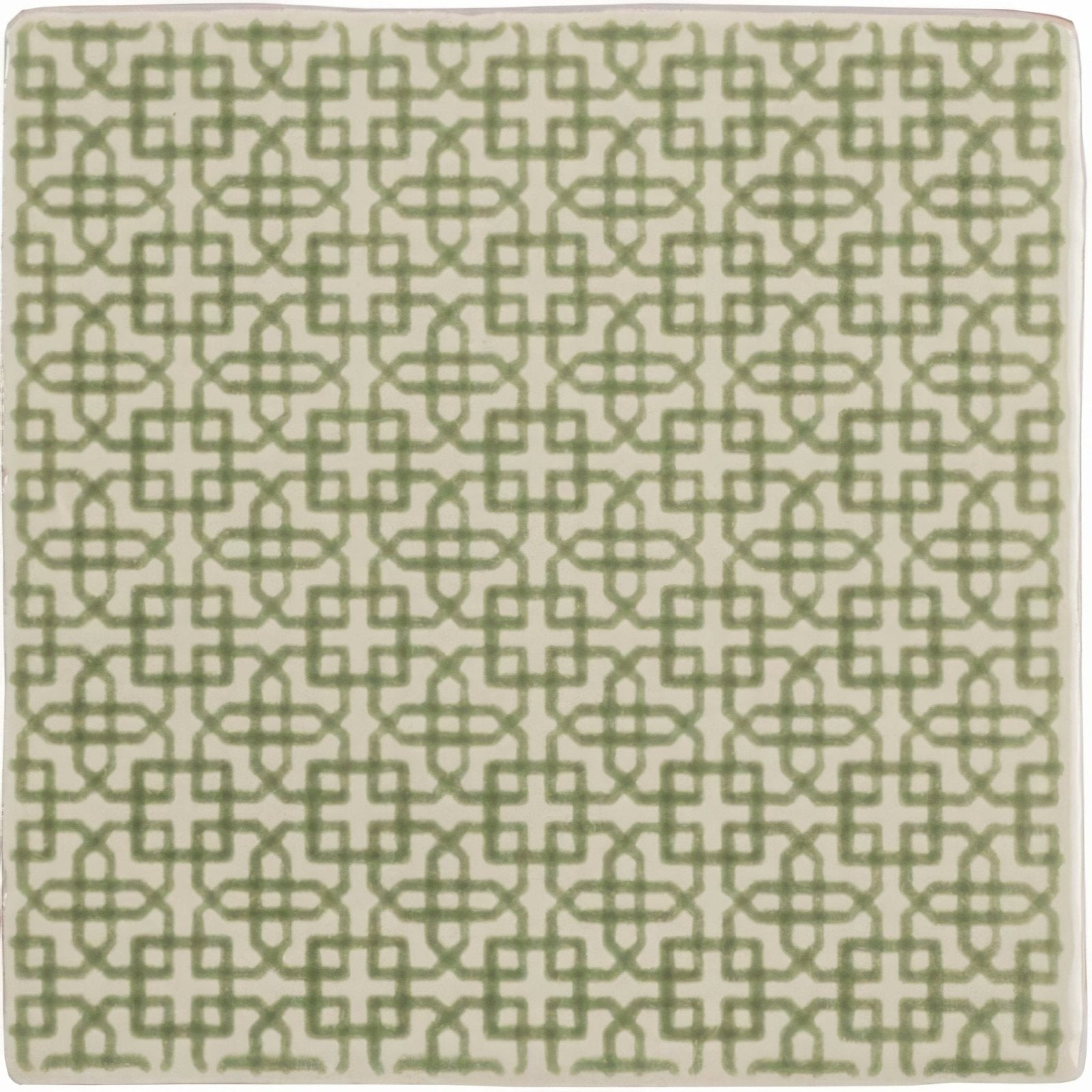 A square-shaped Manoir Maroc Pumice rug with a repeating sage green geometric pattern on an off-white background