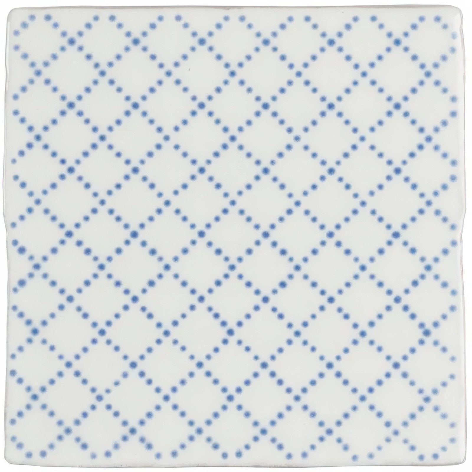 White ceramic tile manoir trellis on papyrus with a delicate blue dotted diamond pattern for wall and floor use