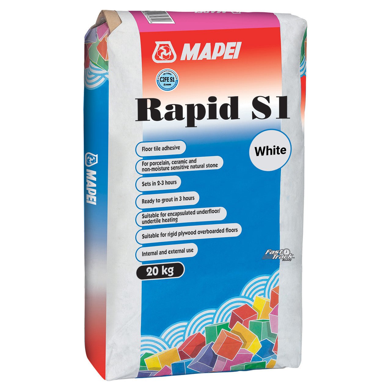 White 20 kg bag of mapei rapid s1 fast set floor tile adhesive for quick and strong tile bonding applications