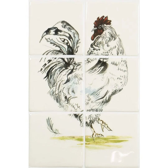 Set of six cream-colored ceramic Maran tiles with hand-drawn black ink rooster illustrations and red green accents