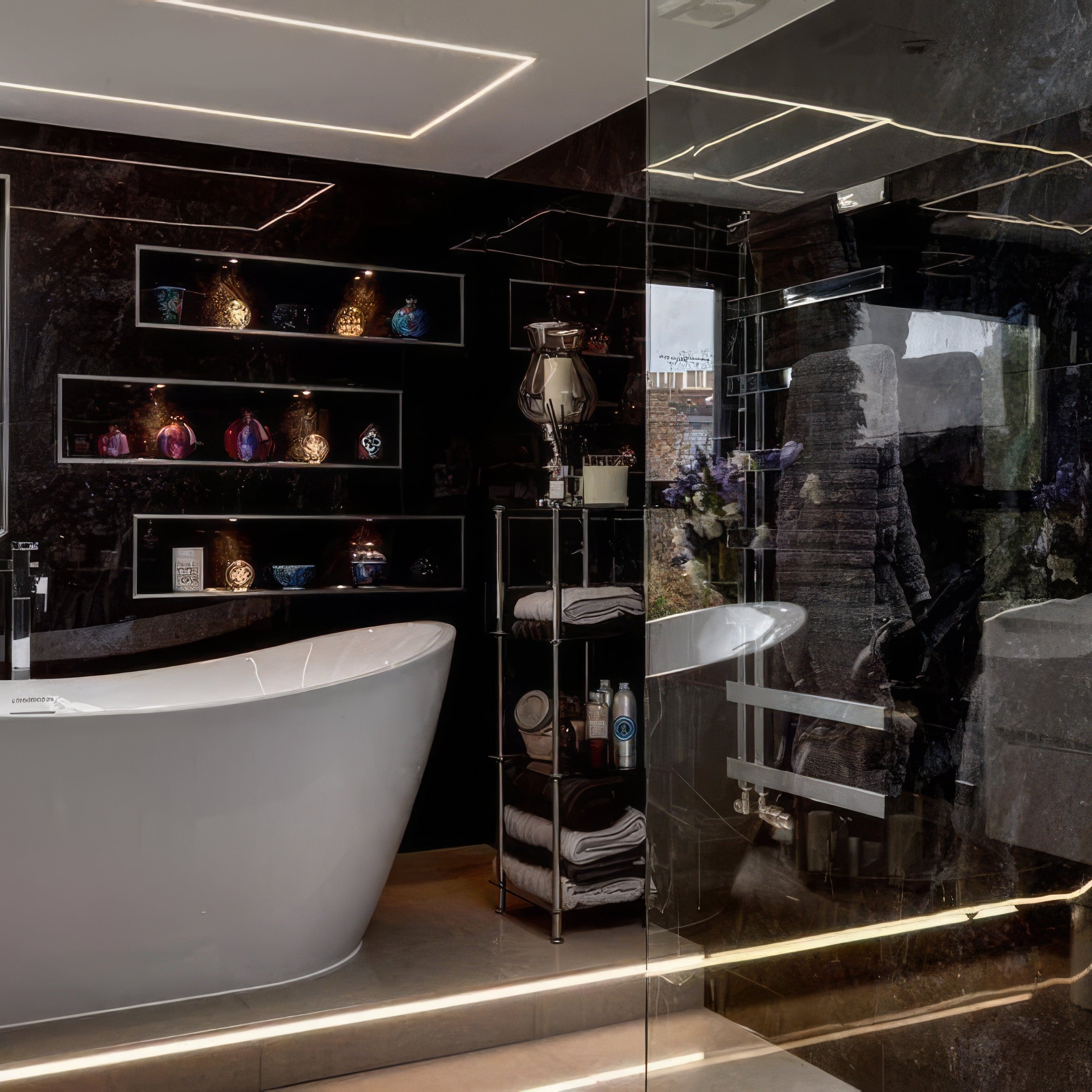 Modern bathroom with a freestanding bathtub, shelves, and a large mirror.