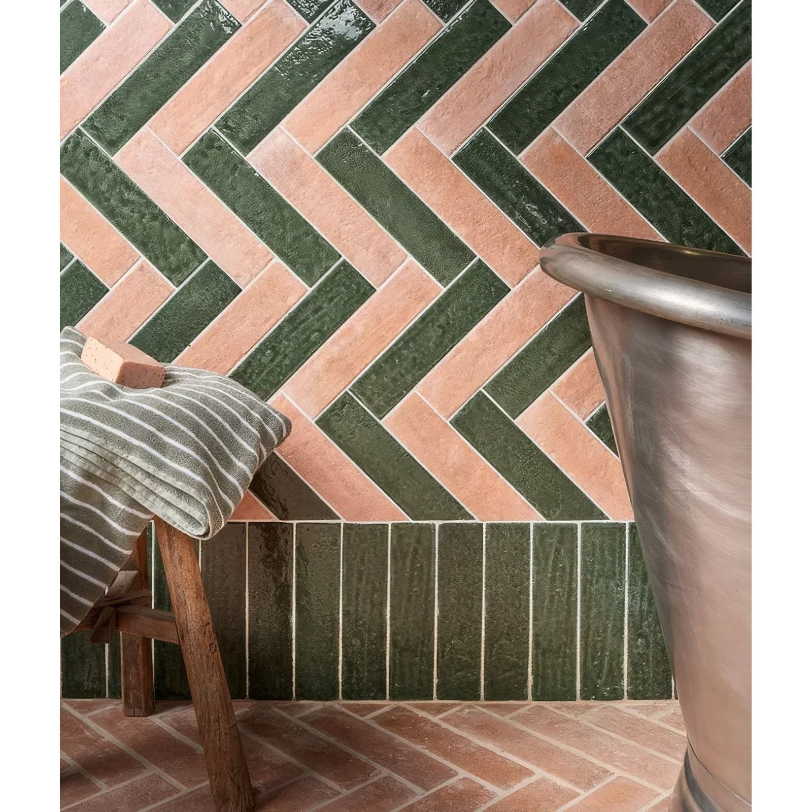 Marlborough porcelain parquet forest green gloss herringbone tile wall with alternating dark green and terracotta tiles