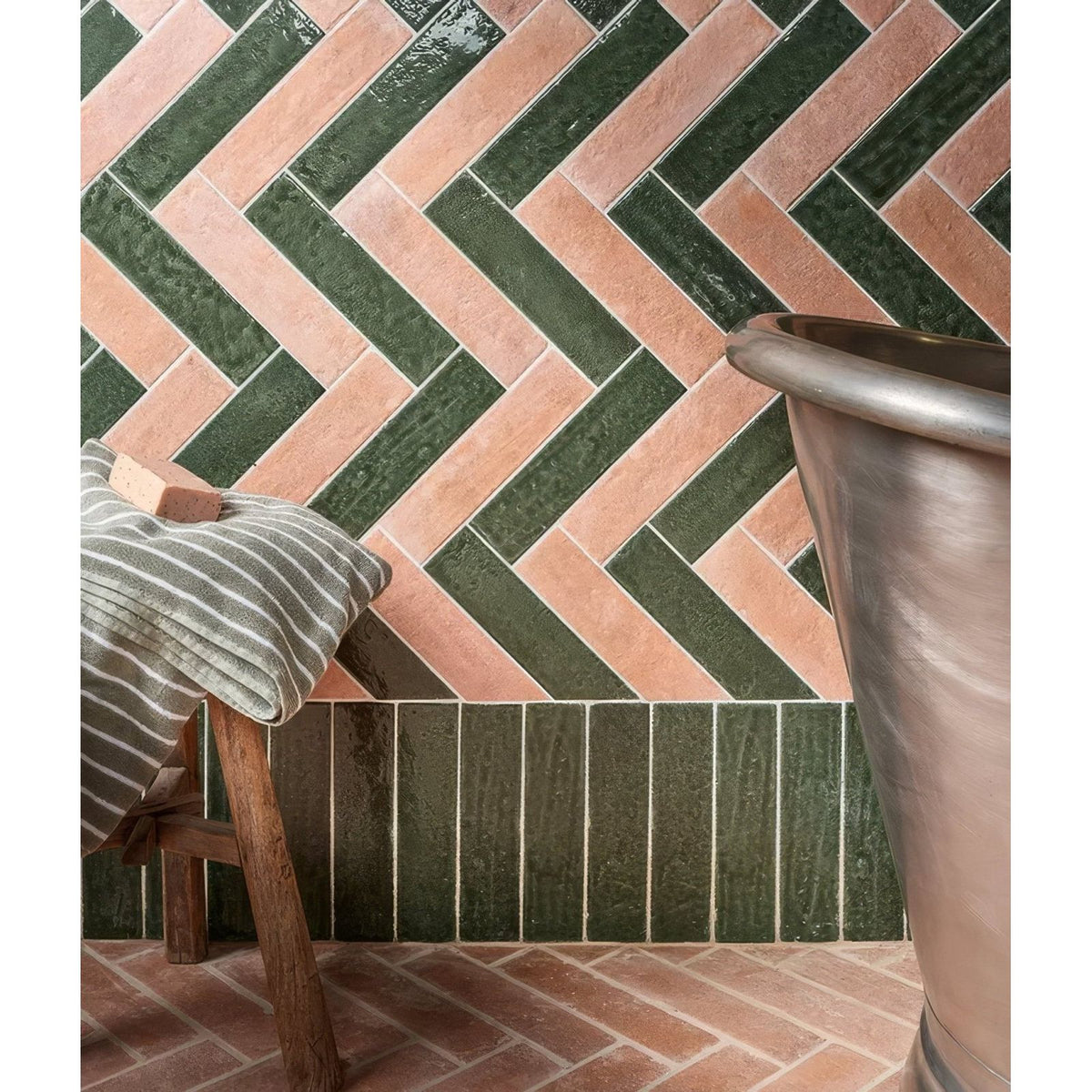 Marlborough porcelain parquet forest green gloss herringbone tile wall with alternating dark green and terracotta tiles