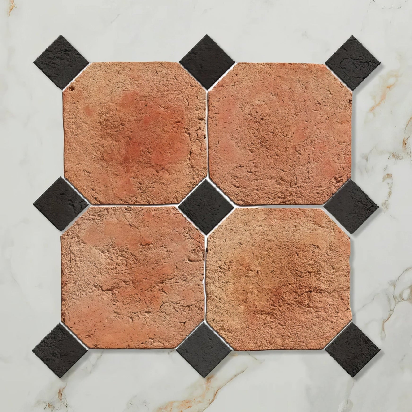 Rustic terracotta and black octagonal mosaic tile set with textured finish in marlborough terracotta octagons and cabochons
