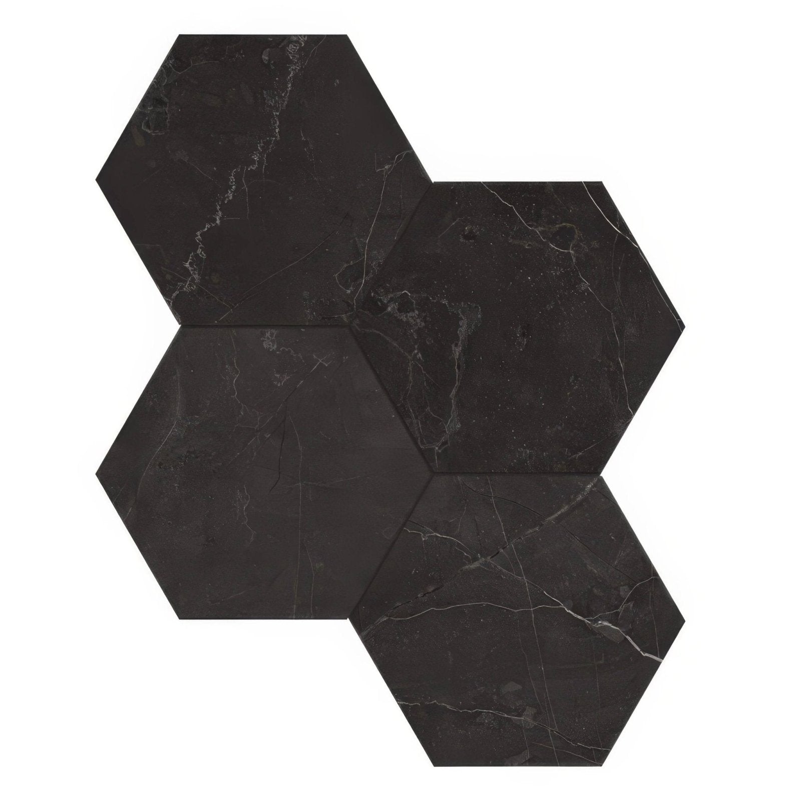 Dark gray hexagonal honed marble mosaic tiles with subtle white veining in marmi nero honed hexagon mosaic
