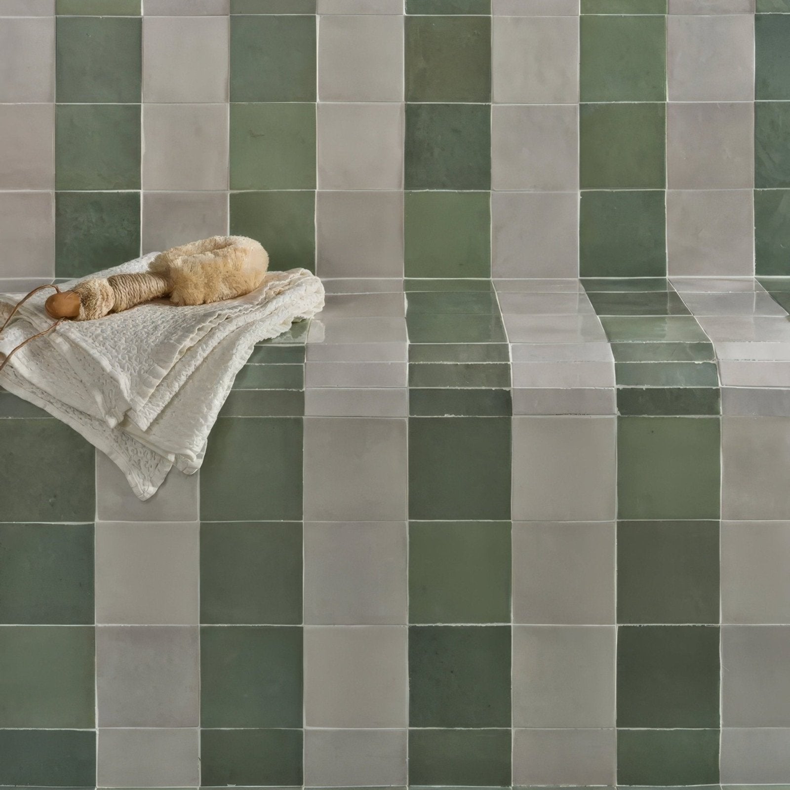 White textured towel with a soft fluffy bath brush resting on top in the maroc ceramic mint collection