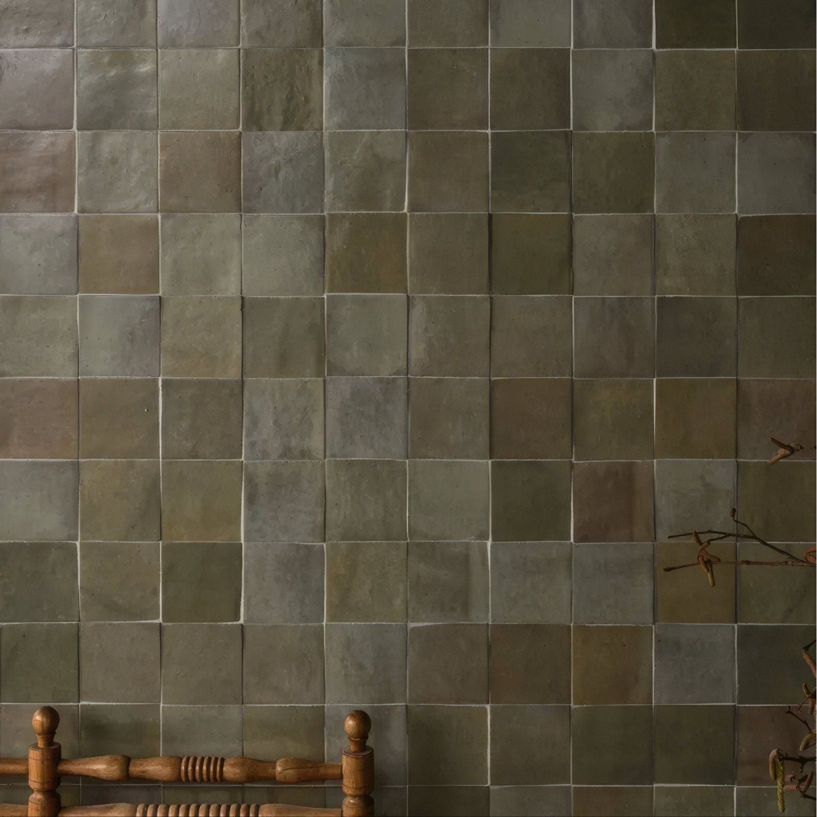 Maroc ceramic sage earthy-toned square ceramic tiles in muted green and gray hues arranged in a uniform grid