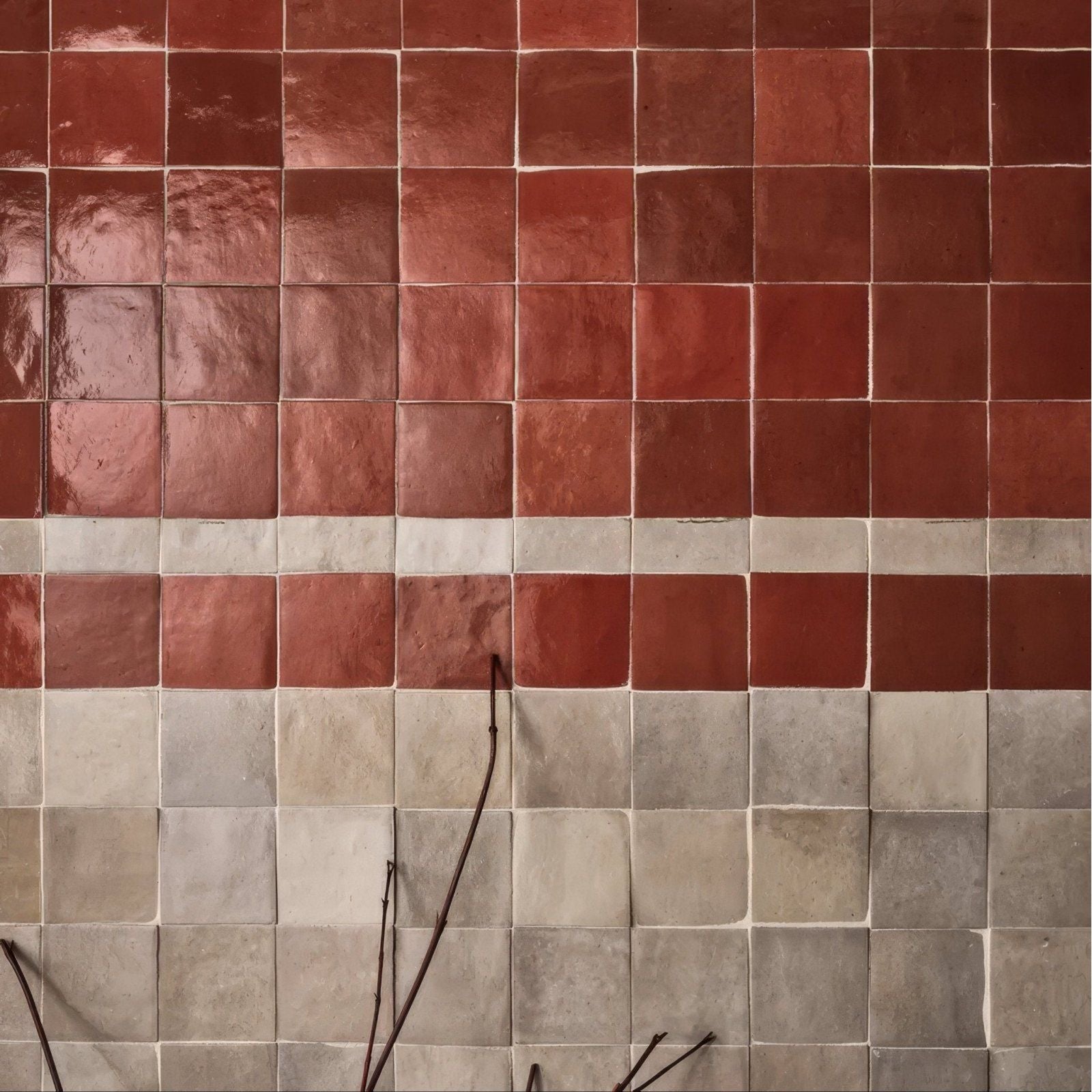Maroc ceramic tomato red and gray terracotta tiles with glossy finish arranged in a grid pattern