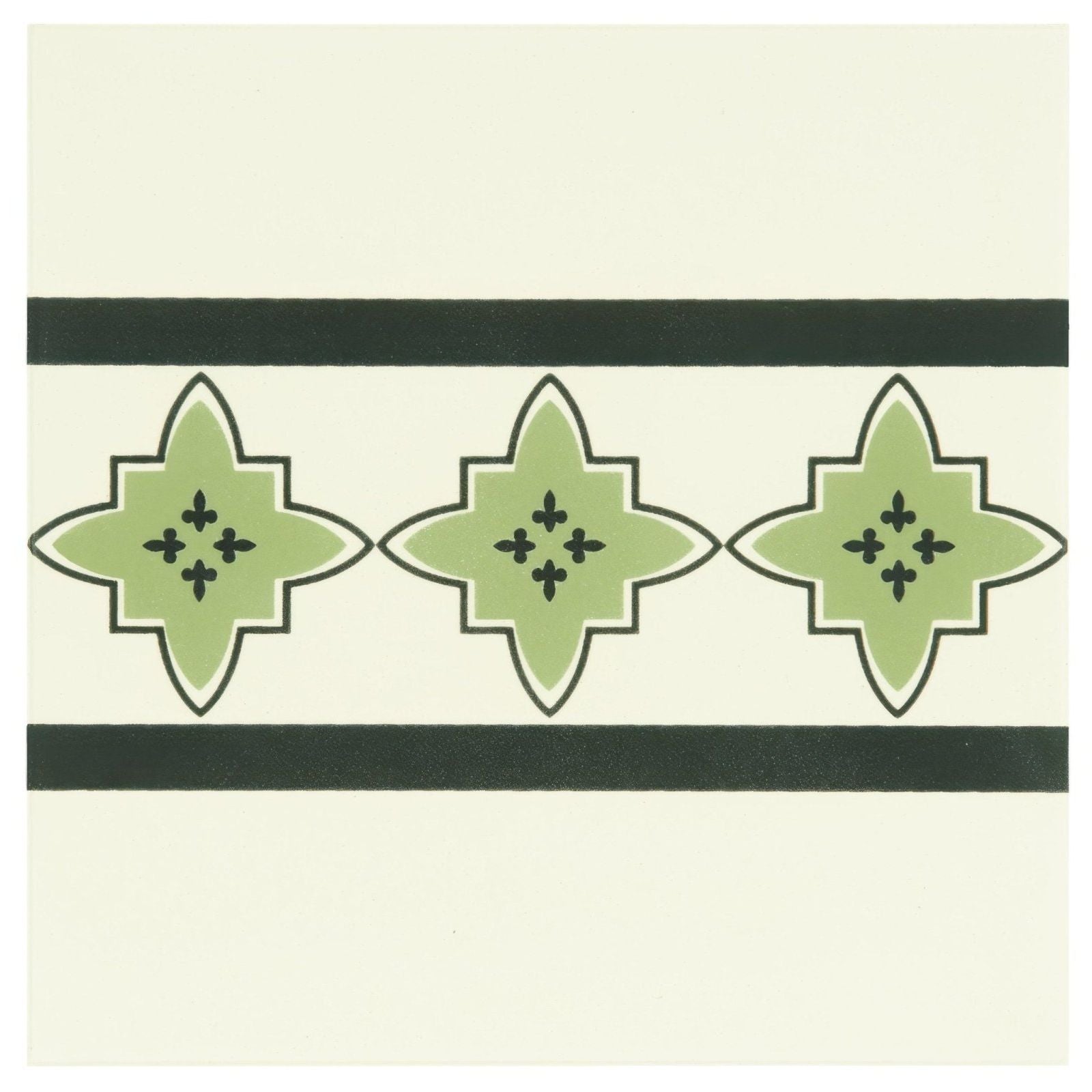 A decorative ceramic tile marrakech border dublin in black on white with light green star motifs and dark green stripes on cream