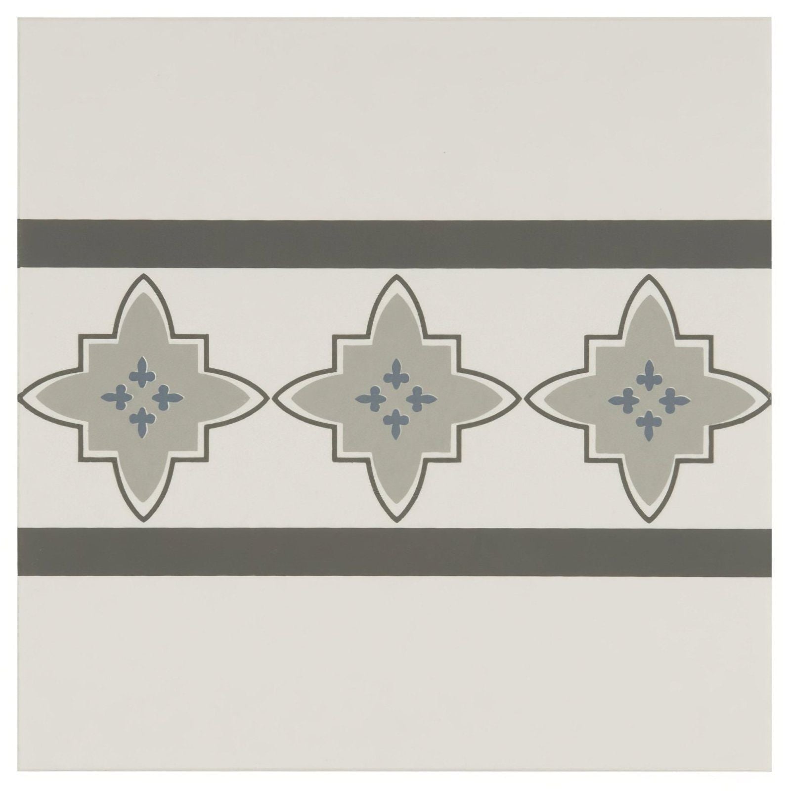 Gray and beige decorative tile with repeating quatrefoil pattern and dark gray bands in marrakech border on dover white