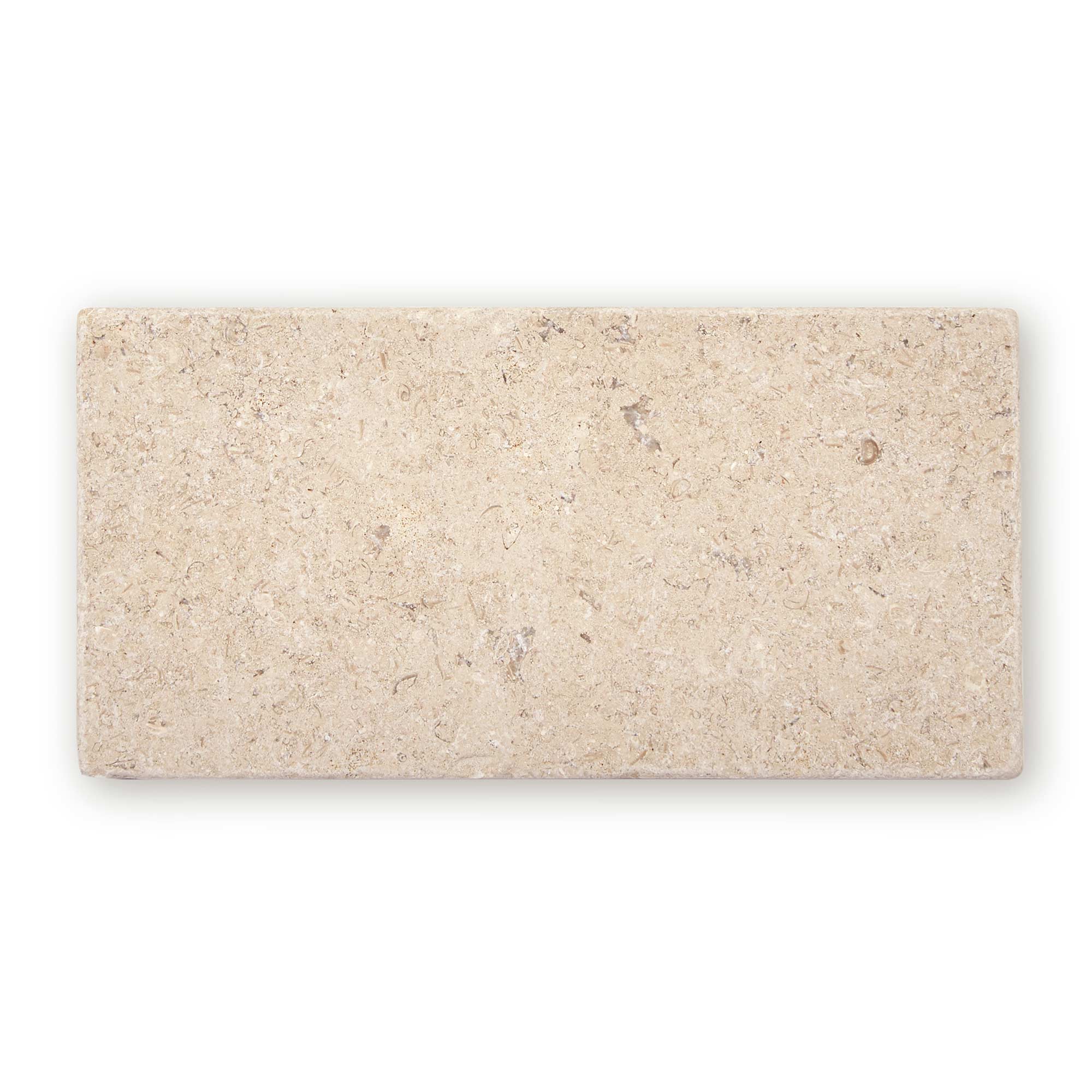 Temple Marsa tumbled limestone tile 10 x 20cm — light beige natural stone with fossils and veining
