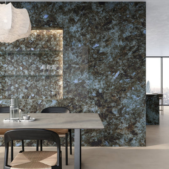 Marvel diva baobab polished dark blue and black marble wall panel with swirling natural stone pattern