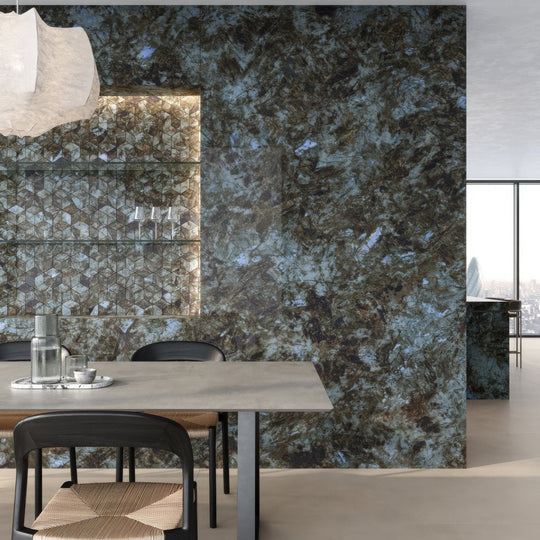 Marvel diva baobab polished dark blue and black marble wall panel with swirling natural stone pattern
