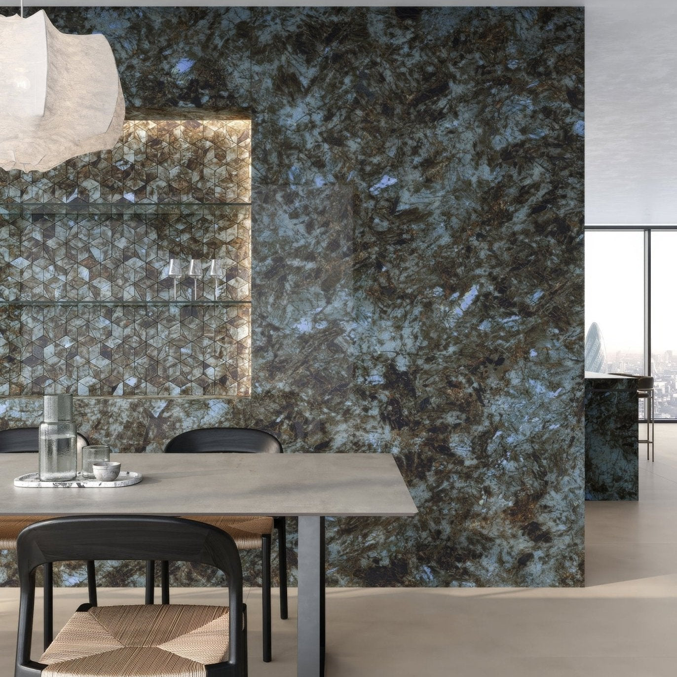 Marvel diva baobab polished dark blue and black marble wall panel with swirling natural stone pattern