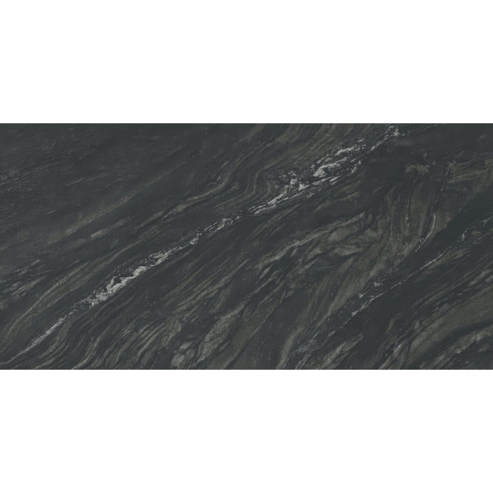 Dark gray marble slab with swirling white and lighter gray veining from marvel diva black tempest velvet collection