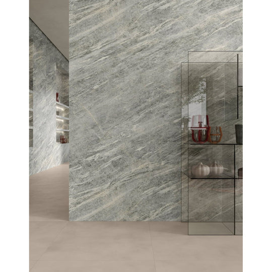 Gray marble effect wall tiles marvel diva sky stone velvet with subtle white veining for elegant interiors