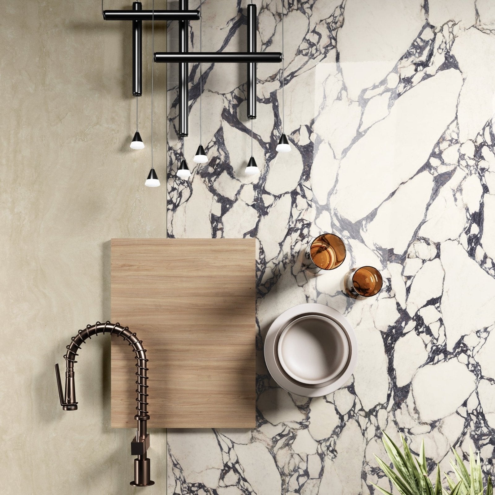 Marvel Epic Calacatta Viola white and black marble-effect tile with black geometric pendant lights