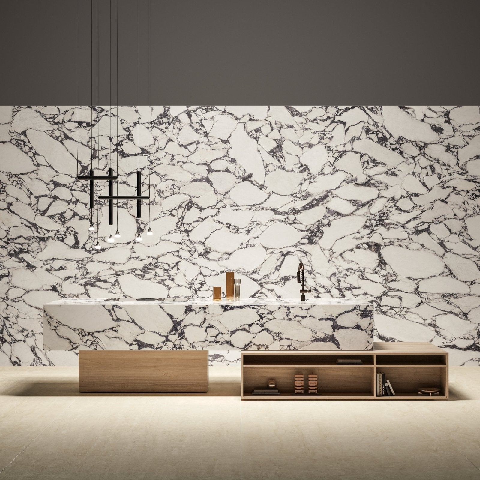 Marvel Epic Calacatta Viola white and black marble-effect tile on a vanity with a wooden base