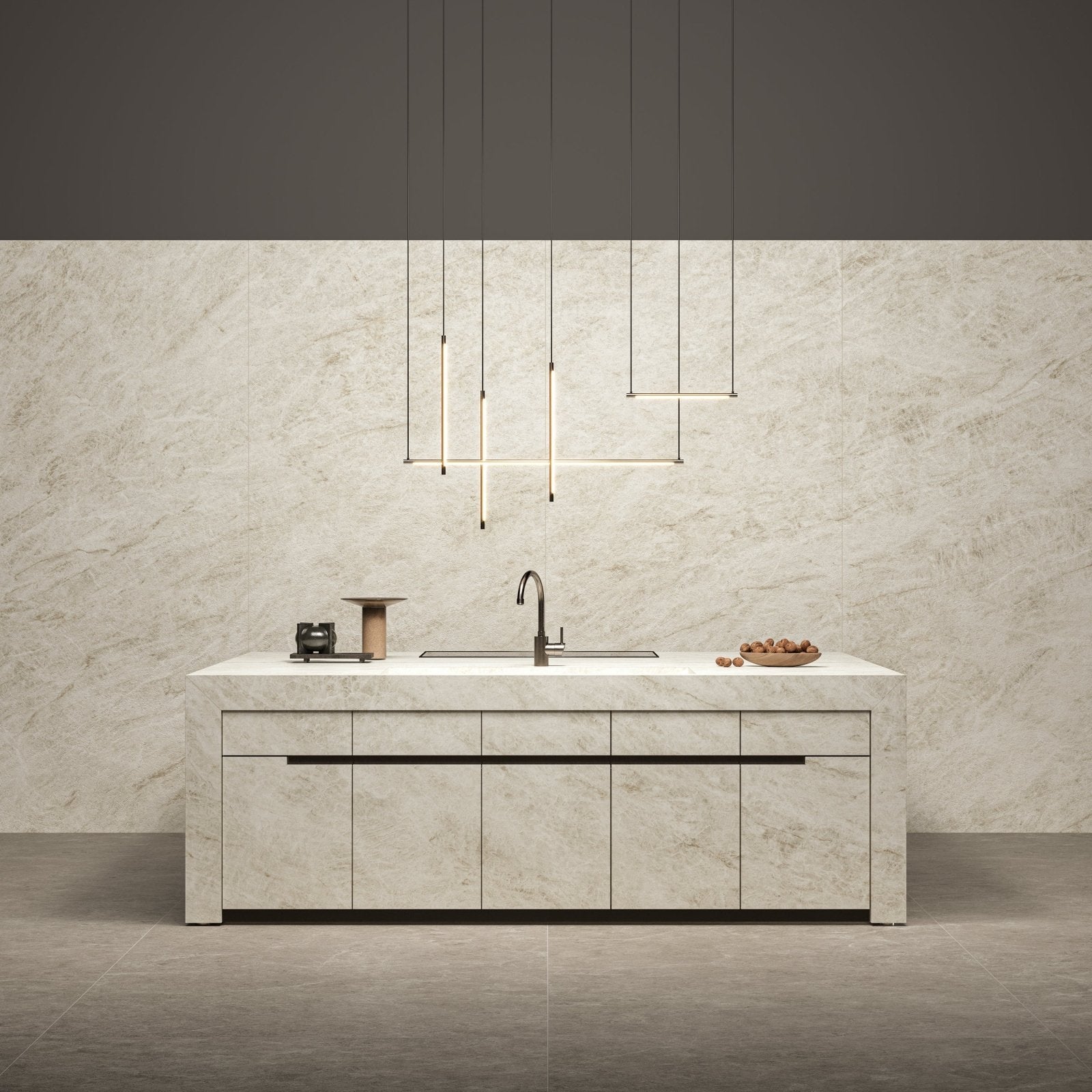 Marvel Epic Taj Mahal White cream marble-effect tile on a kitchen island with black handles