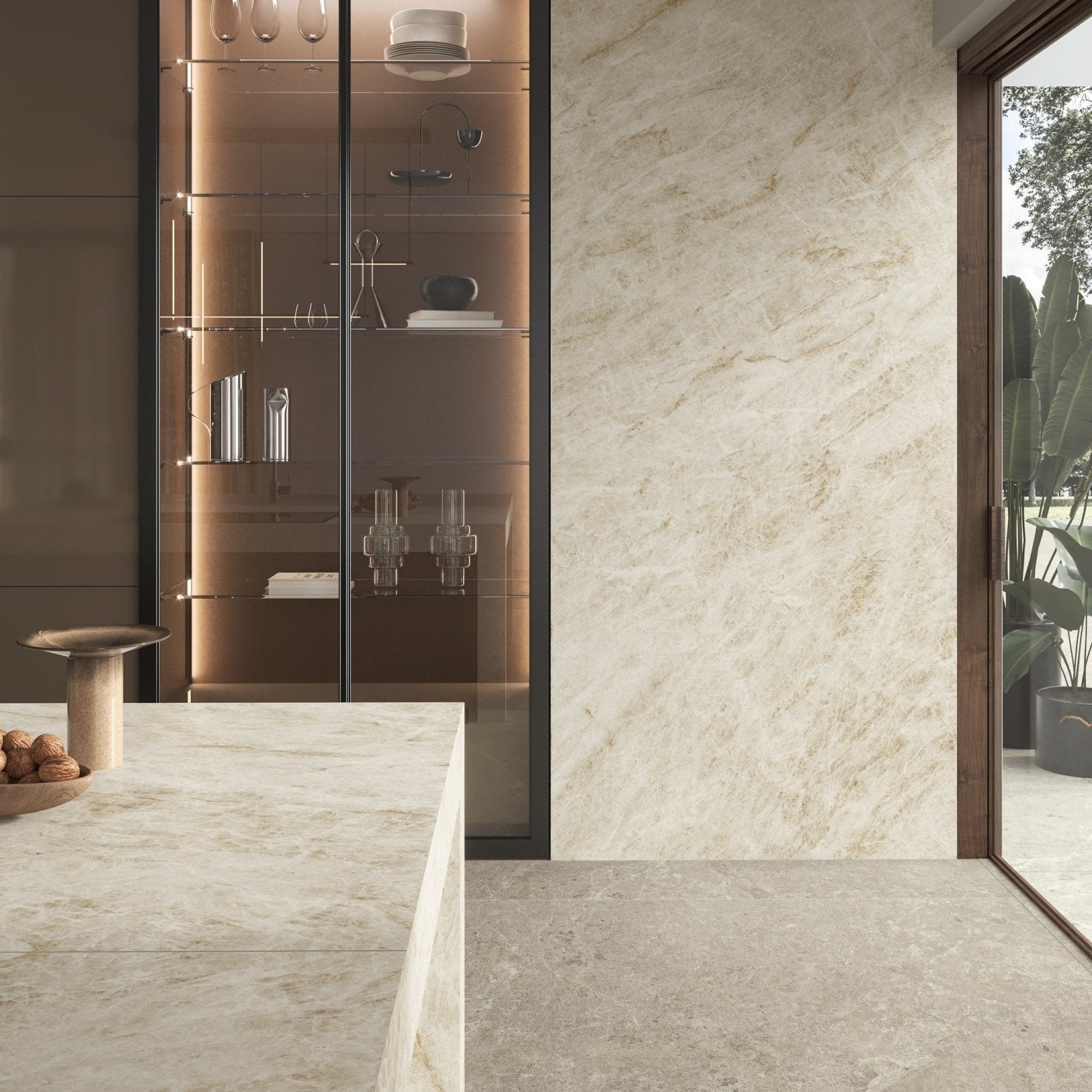 Cream-colored marvel epic taj mahal white marble countertop with subtle veining and polished reflective surface