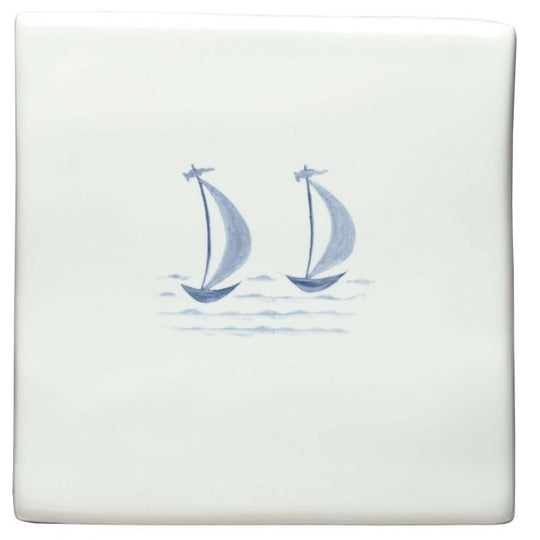 Mary & Gail of St Ives Delft Boats white ceramic tile hand-painted with blue sailboats on waves