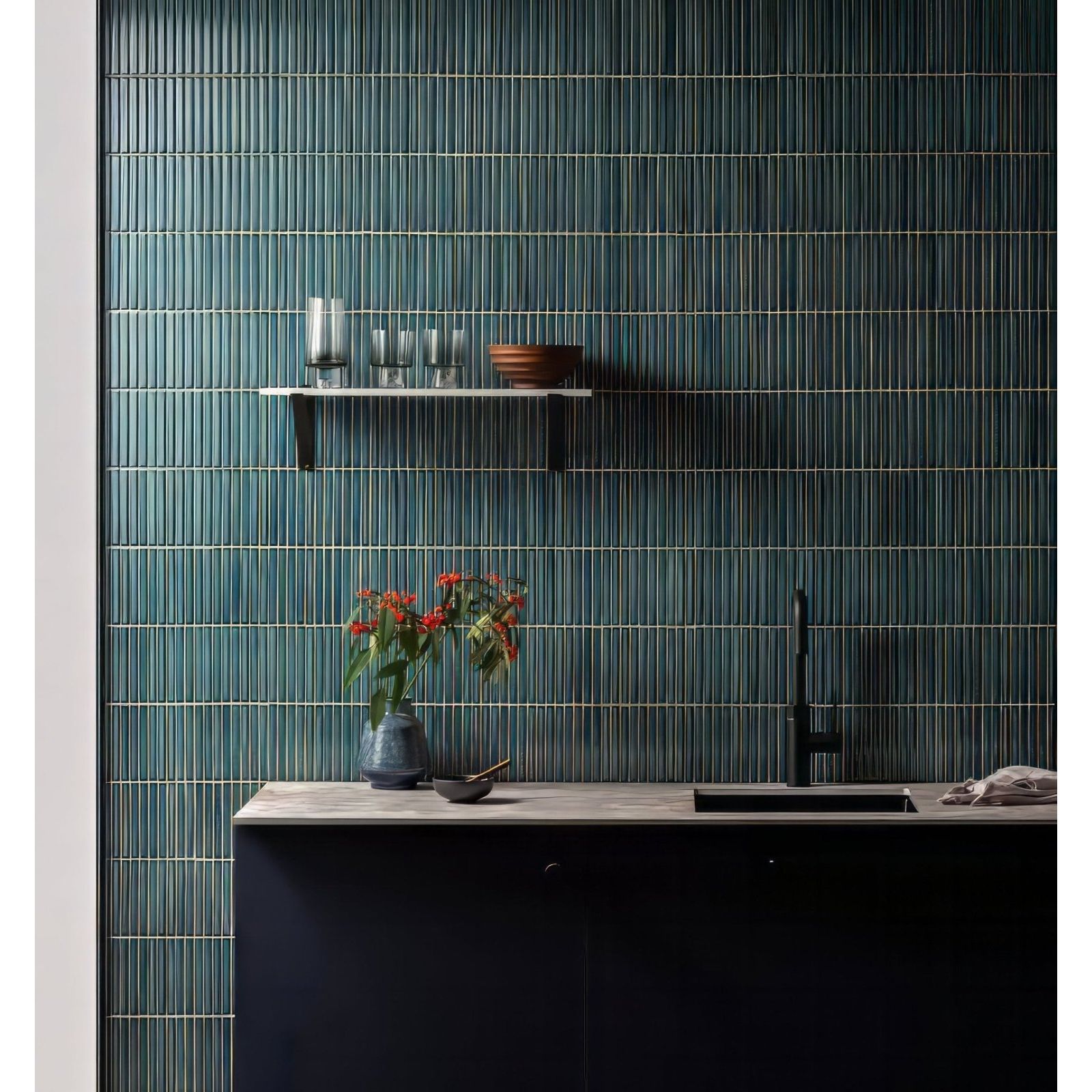 Teal-blue vertical-striped ceramic tiles with subtle metallic grout lines from matchstick forest collection