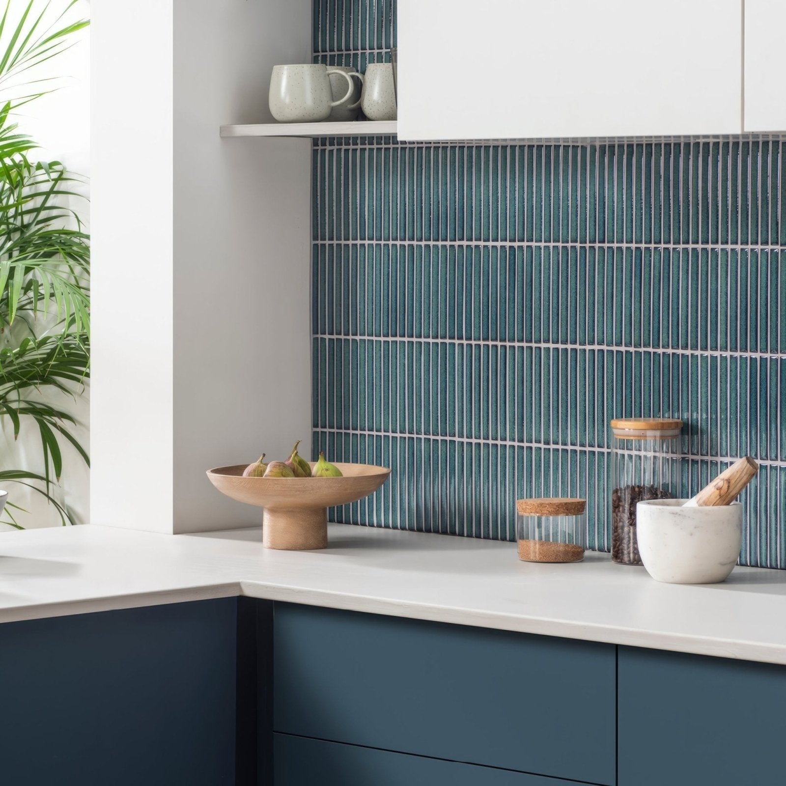 Teal matchstick forest vertical mosaic tile backsplash showcasing textured glass for kitchen or bathroom walls