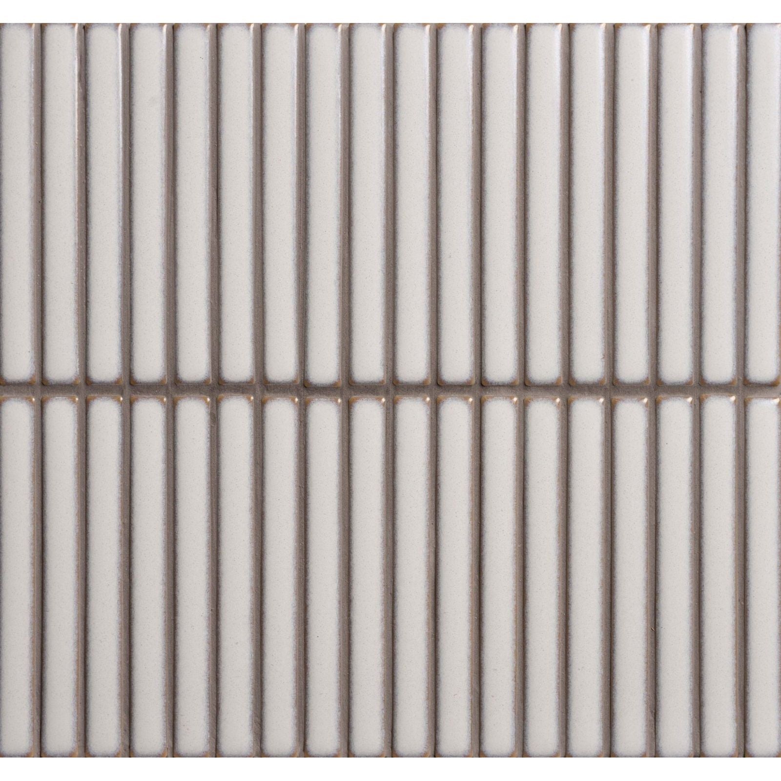 White rectangular ceramic matchstick ice tiles arranged in a vertical grid with subtle gray grout lines
