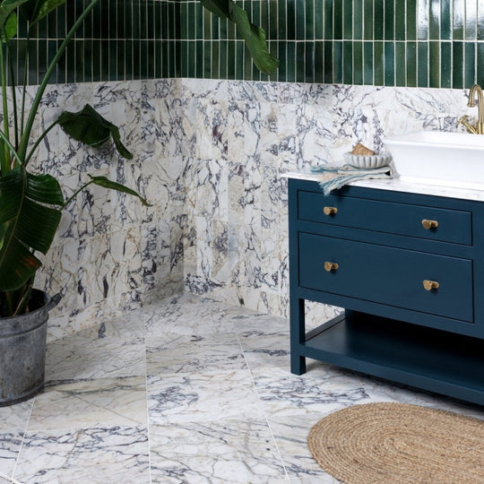 Medici Viola Marble Honed Brick white marble brick tiles with green accents