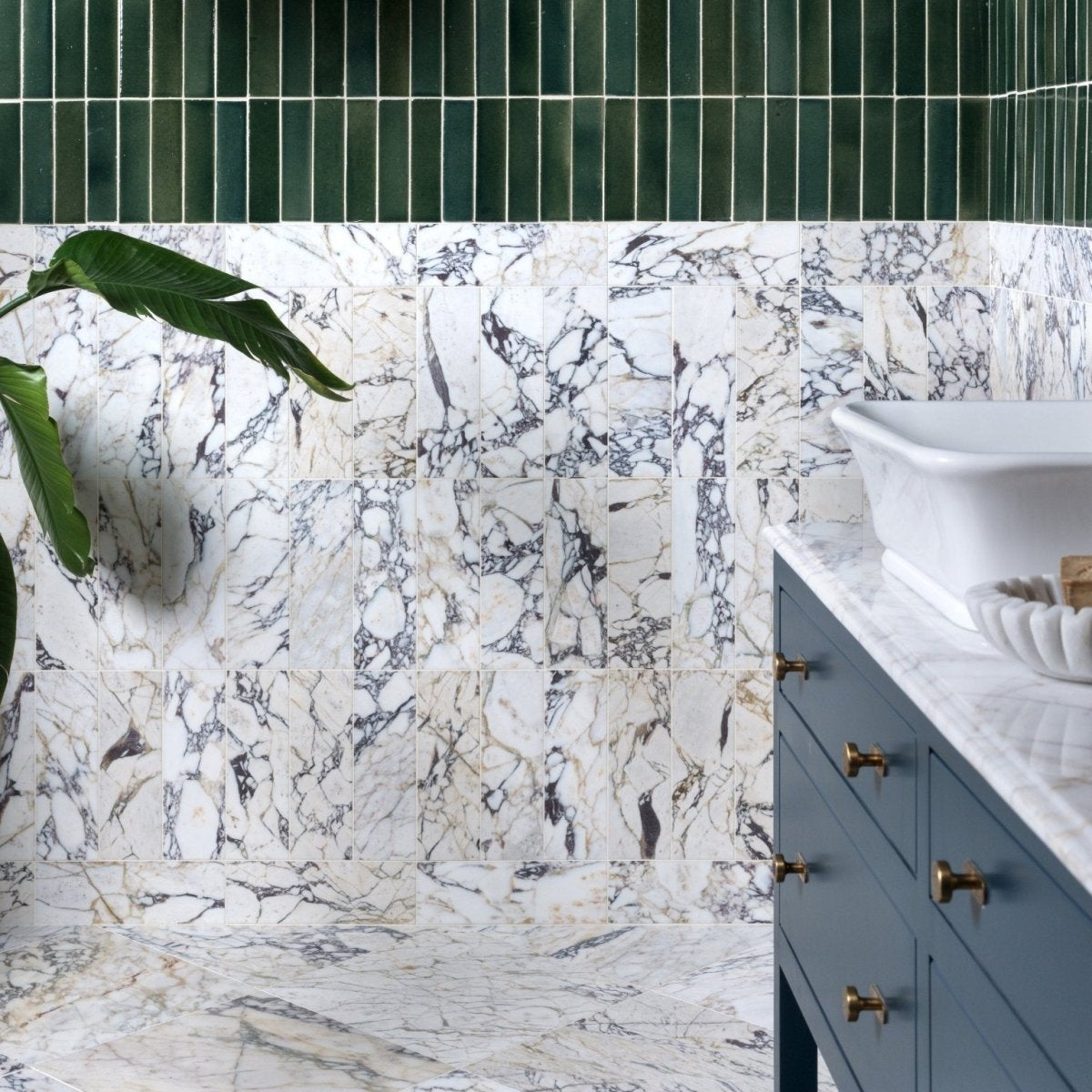 Medici viola marble honed brick white marble tiles with black veining and dark green vertical tile accent in bathroom