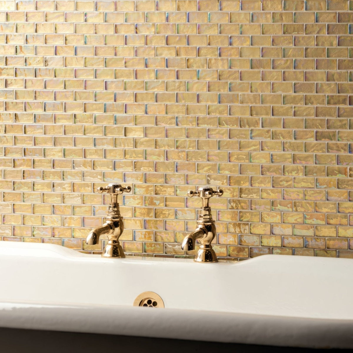 Medina gold rush glass mosaic gold-toned iridescent glass tile backsplash with subtle shimmering finish