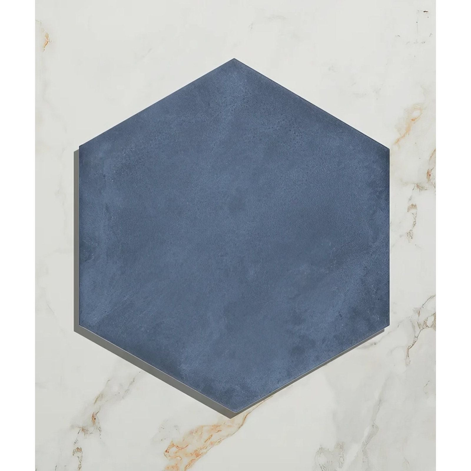 Medina Hexagon Porcelain Navy Blue shown as flooring