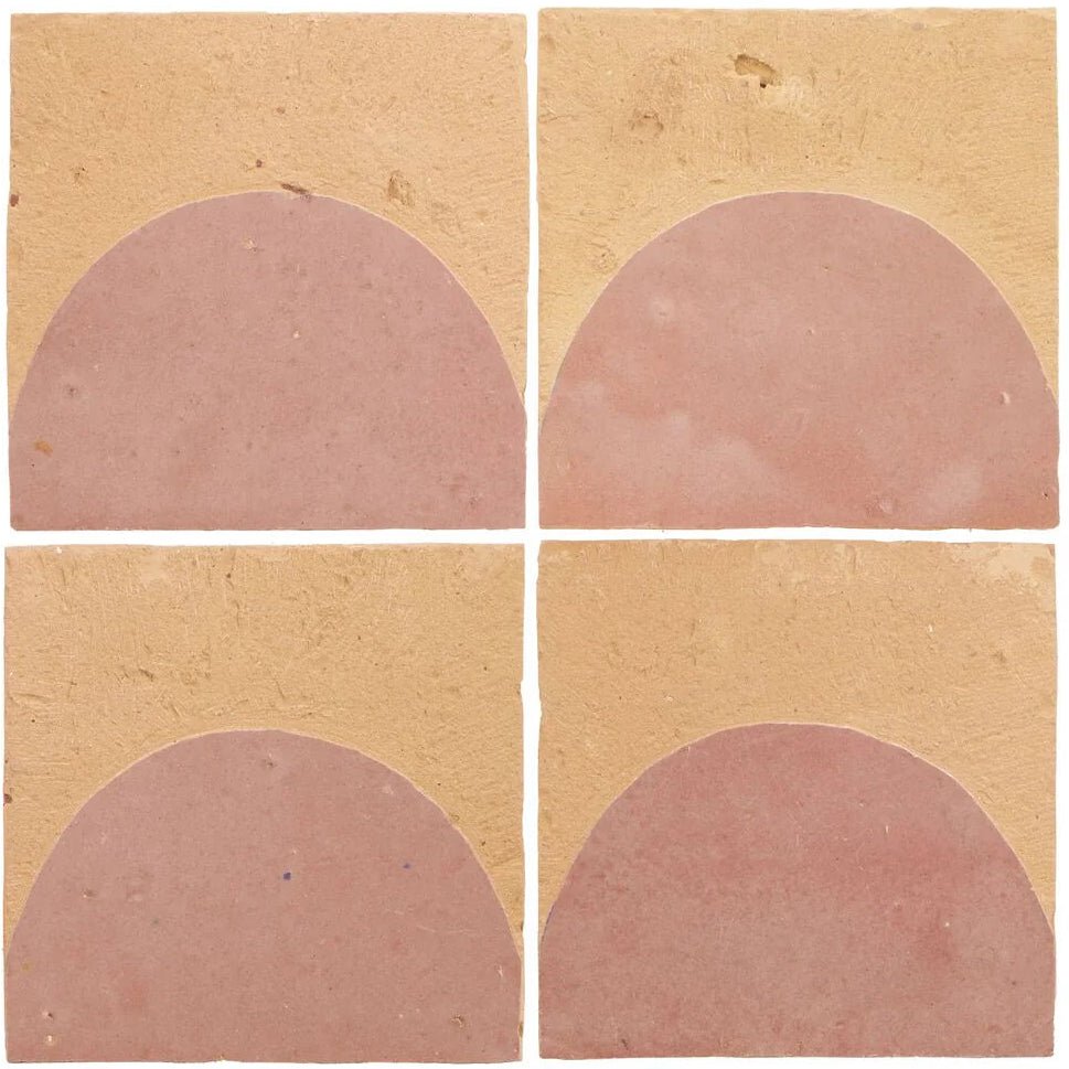 Four square terracotta medina leather pale belen handmade moroccan zellige tiles with semi circular pinkish red design
