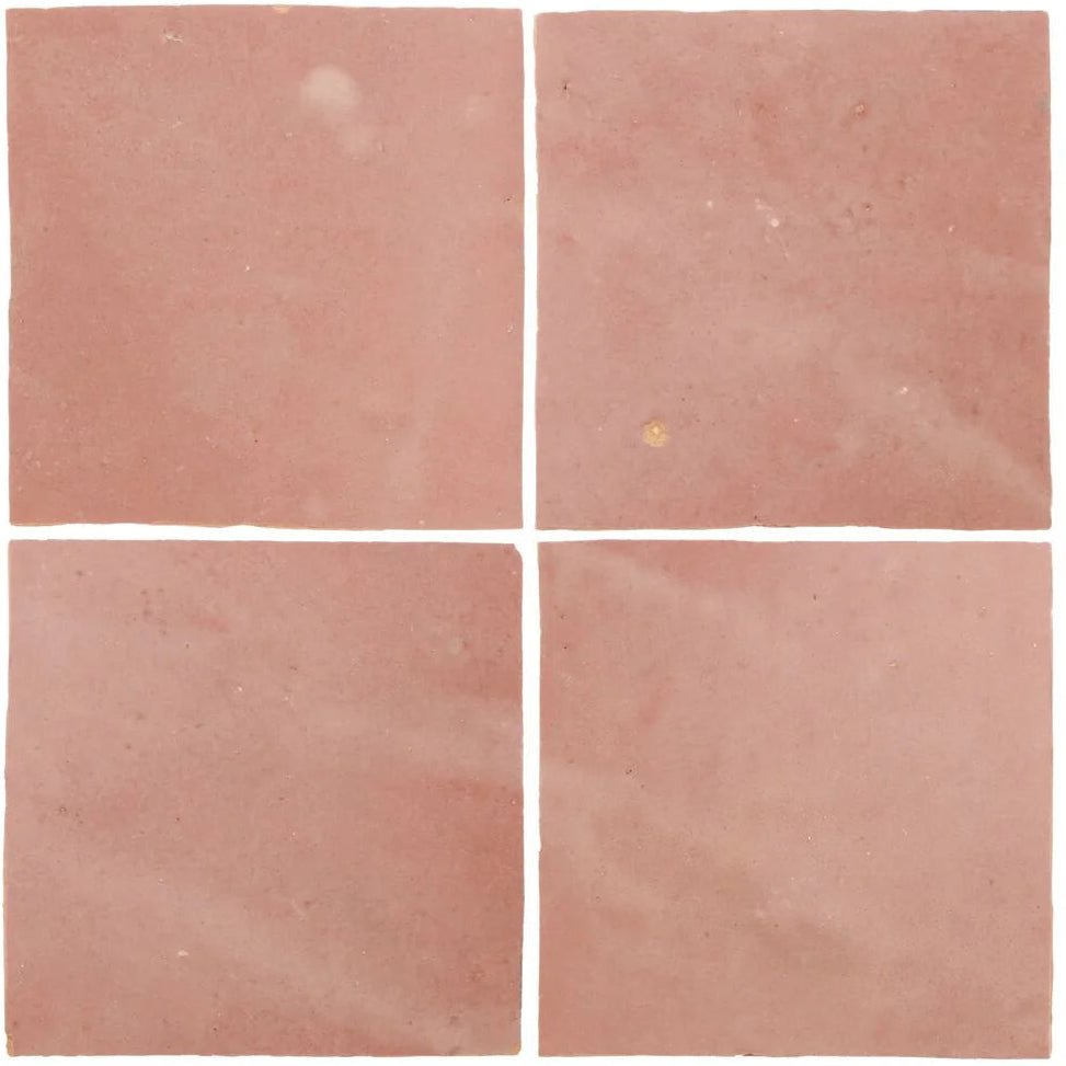 Four square terracotta medina leather pale handmade moroccan zellige tiles with matte earthy pinkish brown finish
