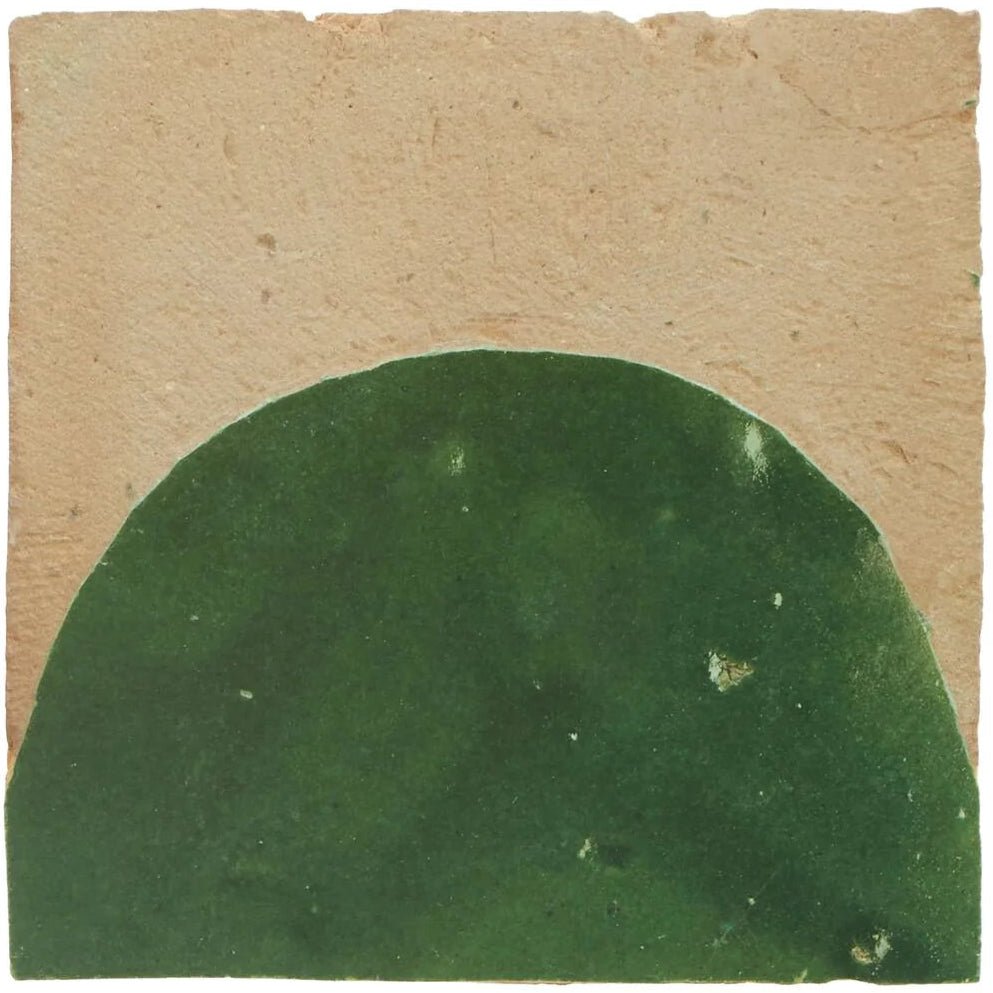 Medina moss green belen handmade Moroccan zellige tile with rustic semi-circular matte ceramic texture on beige background