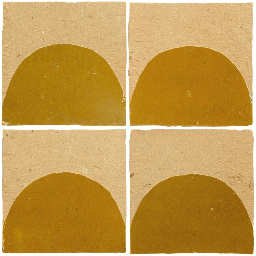 Four handmade moroccan zellige tiles in beige with mustard yellow semicircle patterns from medina ochre belen collection